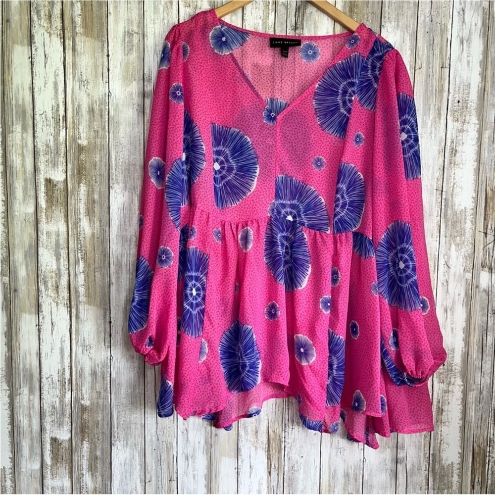 Lane Bryant Relaxed V Neck Babydoll Sheer Blouse in Batik - Picture 2 of 9